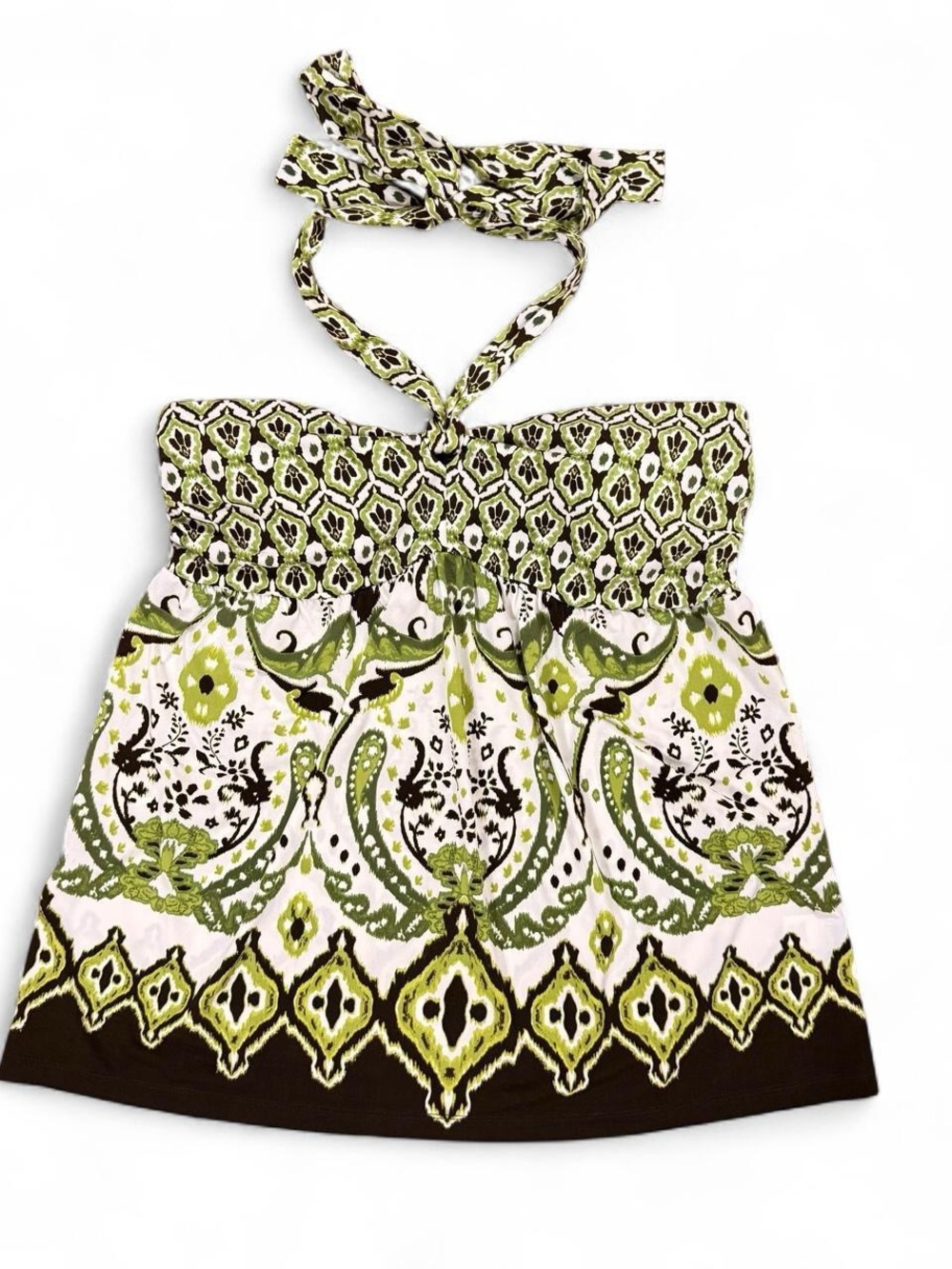 Y2K Green Brown Paisley Geometric Print Halter Babydoll Top Women’s Size L
